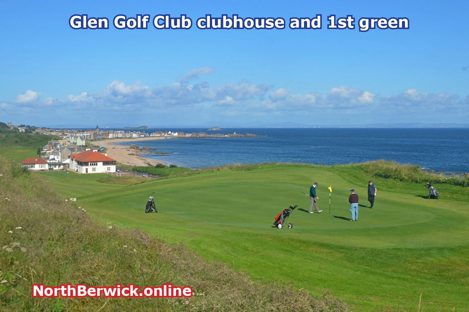 East Links, 1st green, North Berwick and Golf Club clubhouse