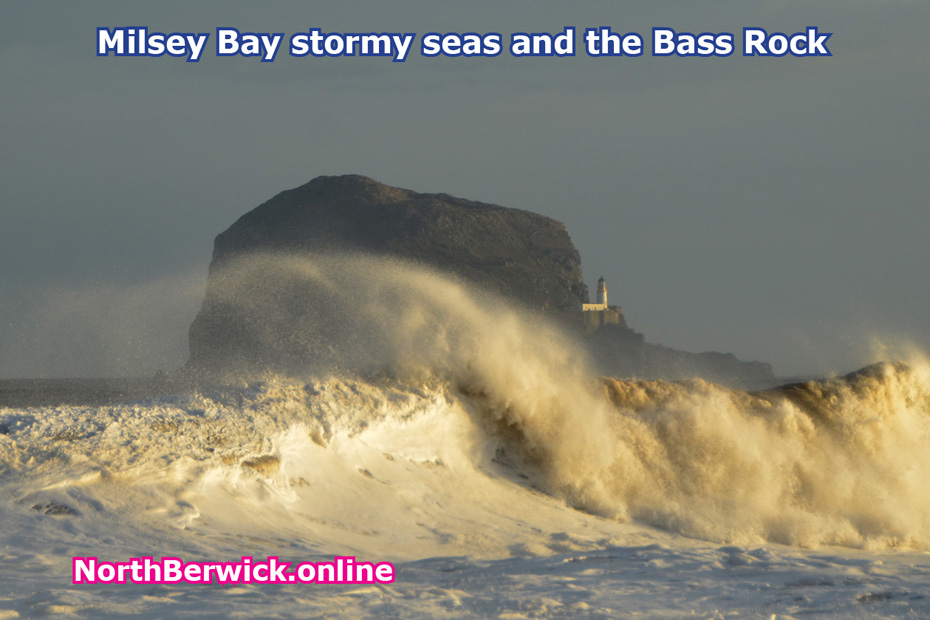 The Bass Rock and stormy seas in Milsey Bay