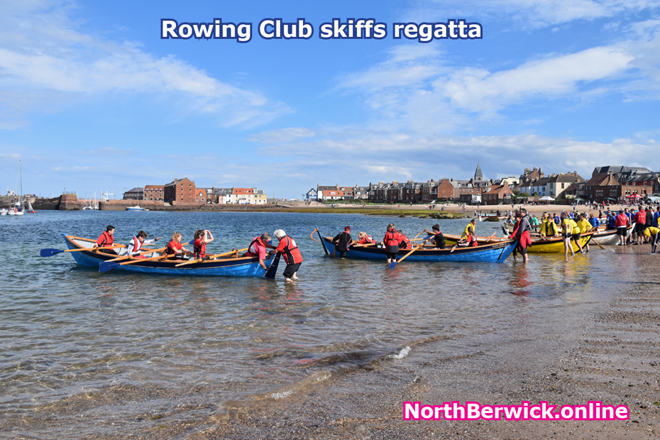 North Berwick Rowing Club skiffs regatta launching from West beach